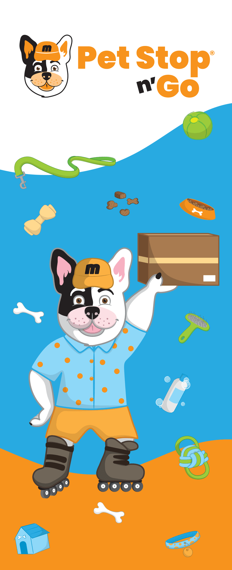 Max, el personaje de Pet Stop n' Go, entregando un paquete — arte real del forrado de la máquina